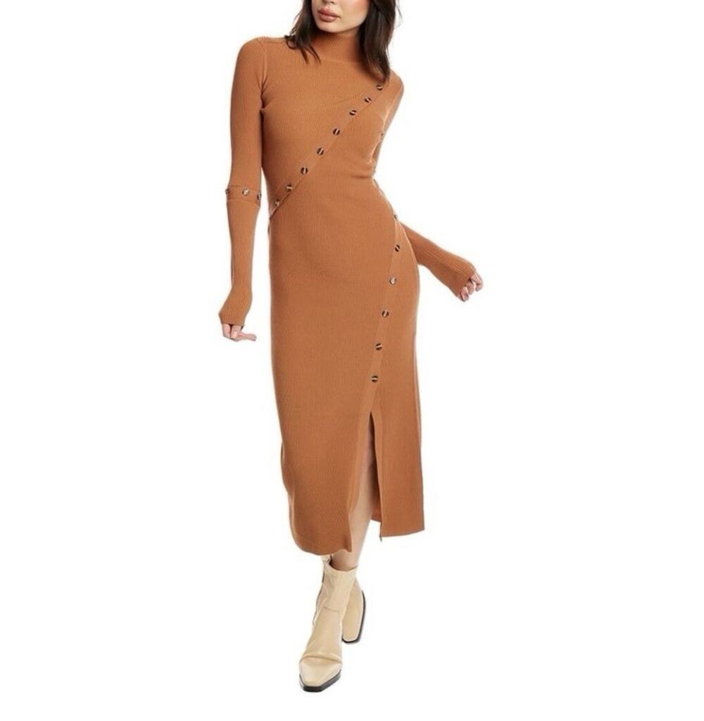 NEW Nicholas Jill Ribbed Knit Midi Dress Button Detail Women's Large Fall Ac21